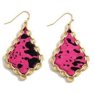 Judson Chain Link Leather Cow Print Drop Earrings Fuchsia